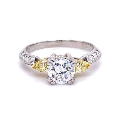 Platinum Two-Tone 3 Stone  Round Shape Engagement Ring with Natural Yellow Diamond Sides O7TA14Z1D01029
