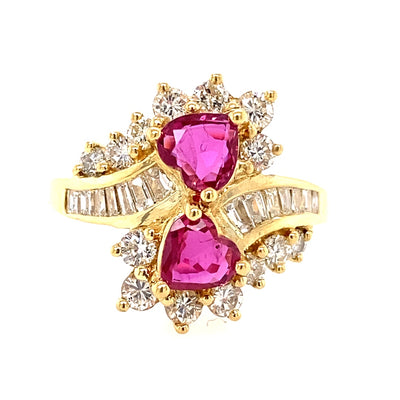 Estate 18K Yellow Gold Heart Shaped Ruby & Diamond Ring