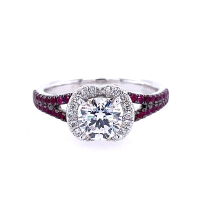 14 Karat White Gold Halo Round Shape and Ruby Engagement Ring DVR0127R