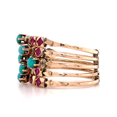 9 Karat Rose Gold Estate Turquoise and Synthetic Ruby Ring