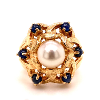 Estate 14 Karat Yellow Gold Pearl & Sapphire Ring