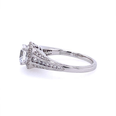 Zeghani 14 Karat White Gold Side Stones Round Shape Engagement Ring ZR1475