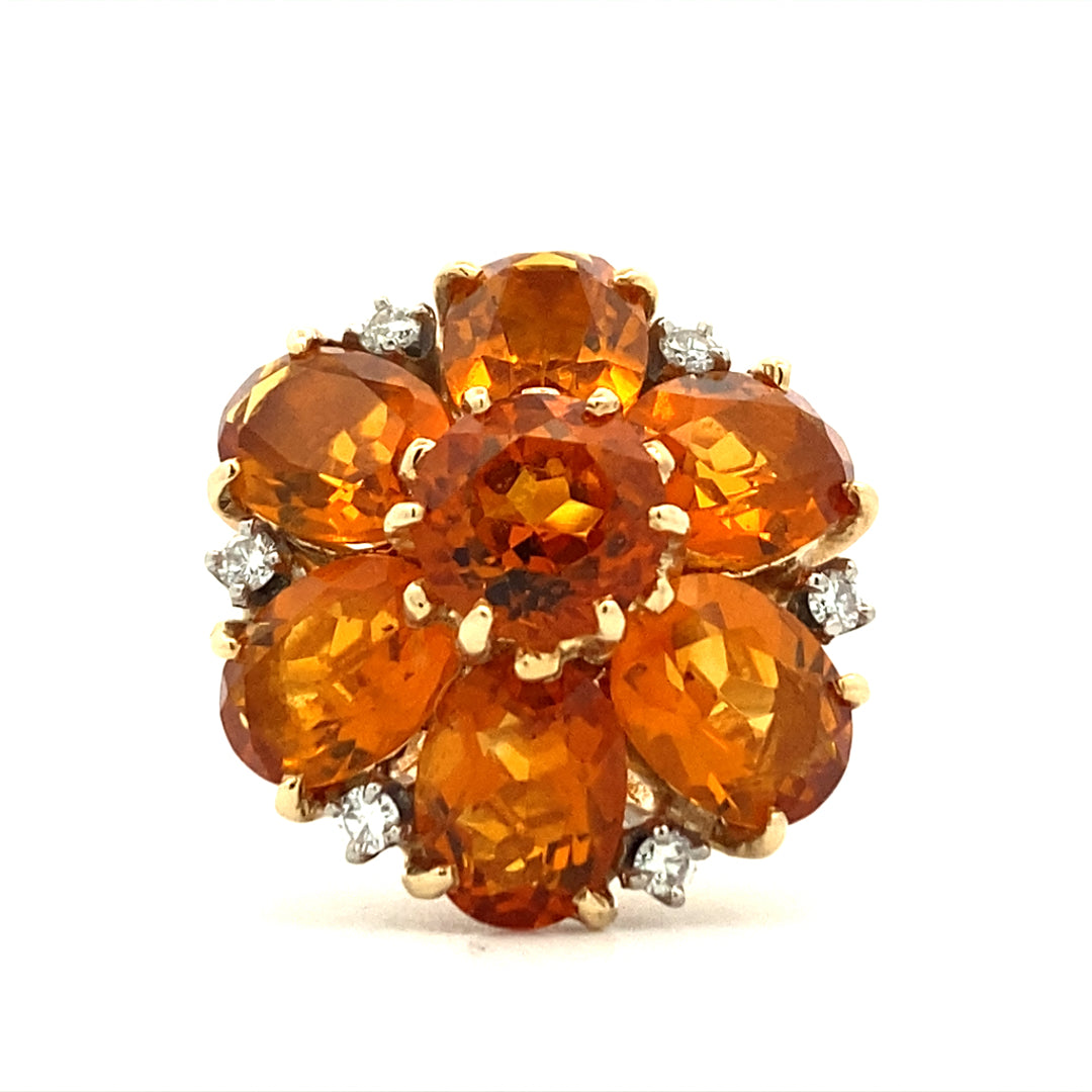 Estate 14 Karat Yellow Gold  Citrine & Diamond Floral Cluster Style Ring