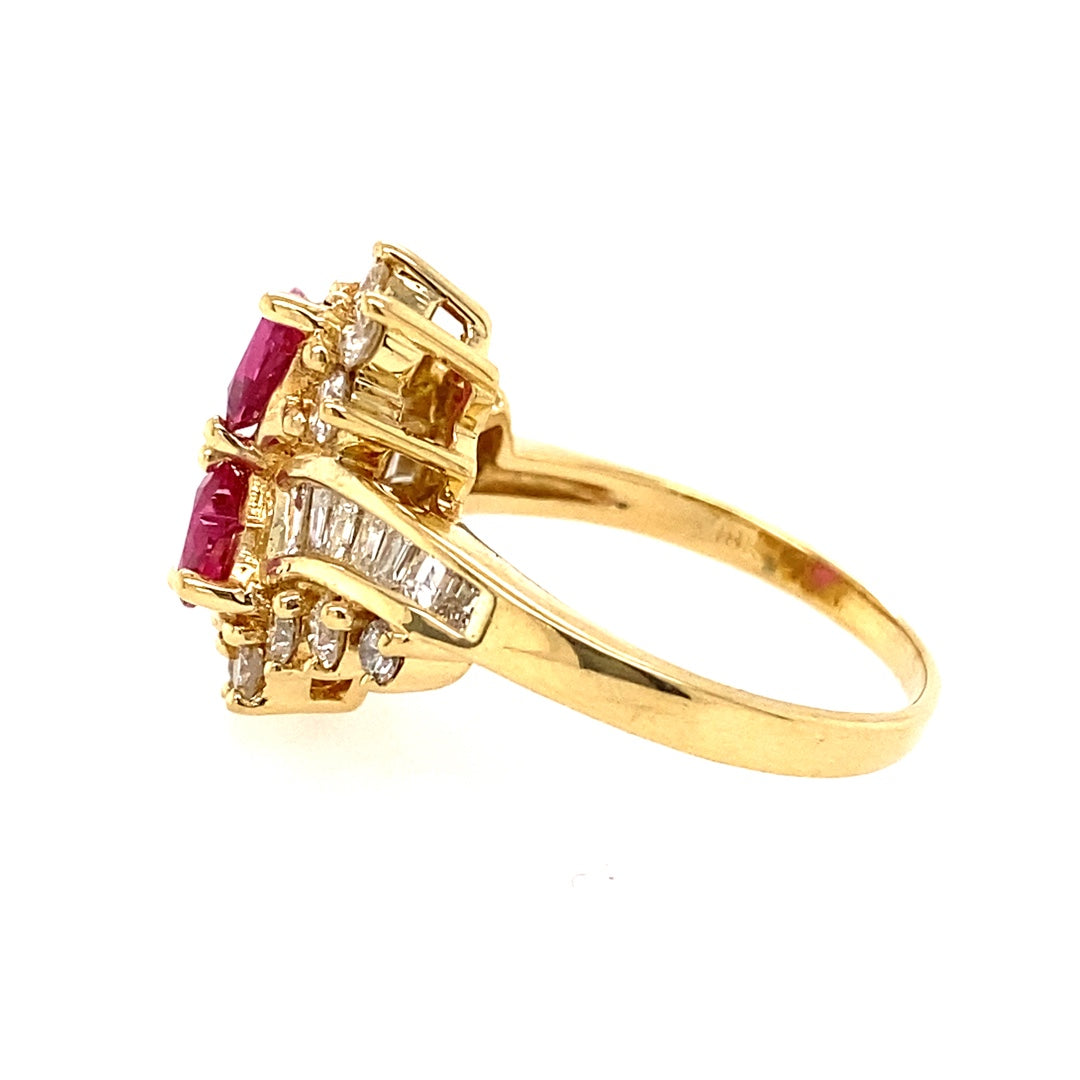 Estate 18K Yellow Gold Heart Shaped Ruby & Diamond Ring