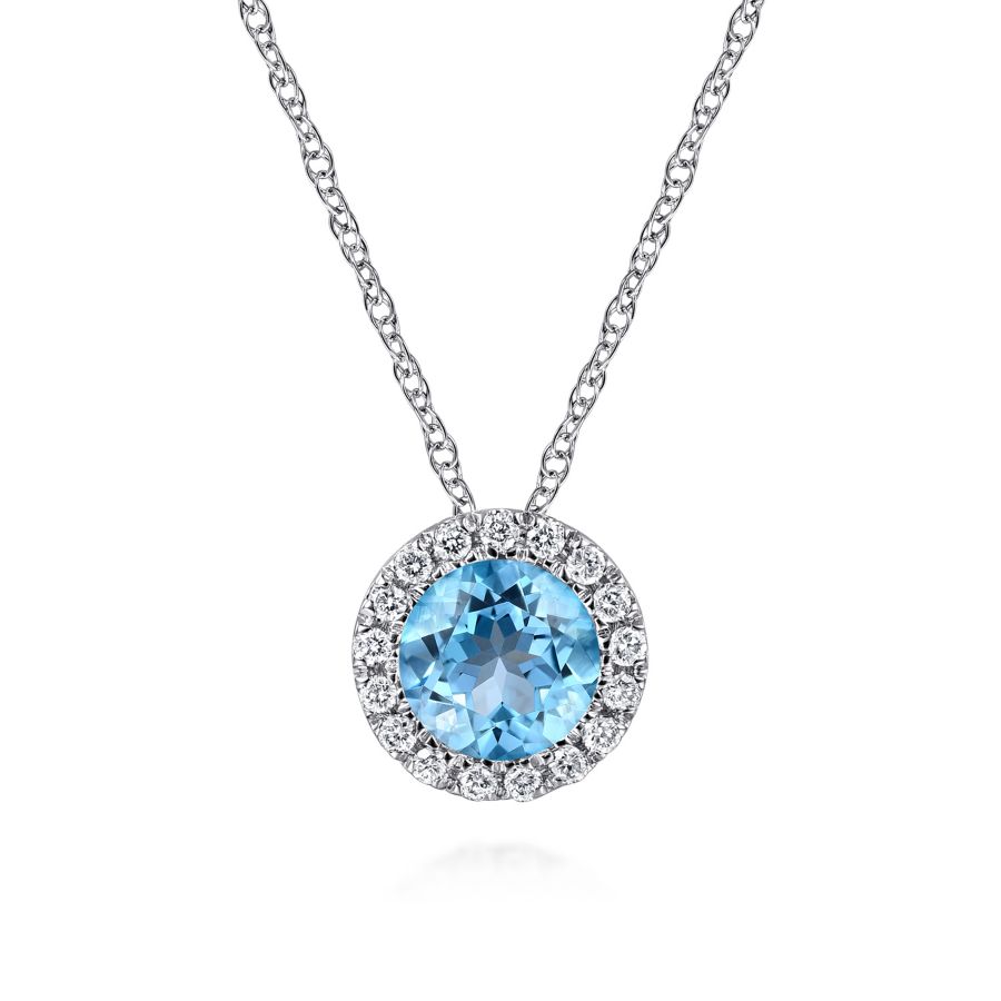 BlueTopaz and Diamond Halo Necklace in White Gold by Gabriel & Co.