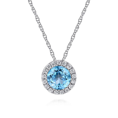 BlueTopaz and Diamond Halo Necklace in White Gold by Gabriel & Co.