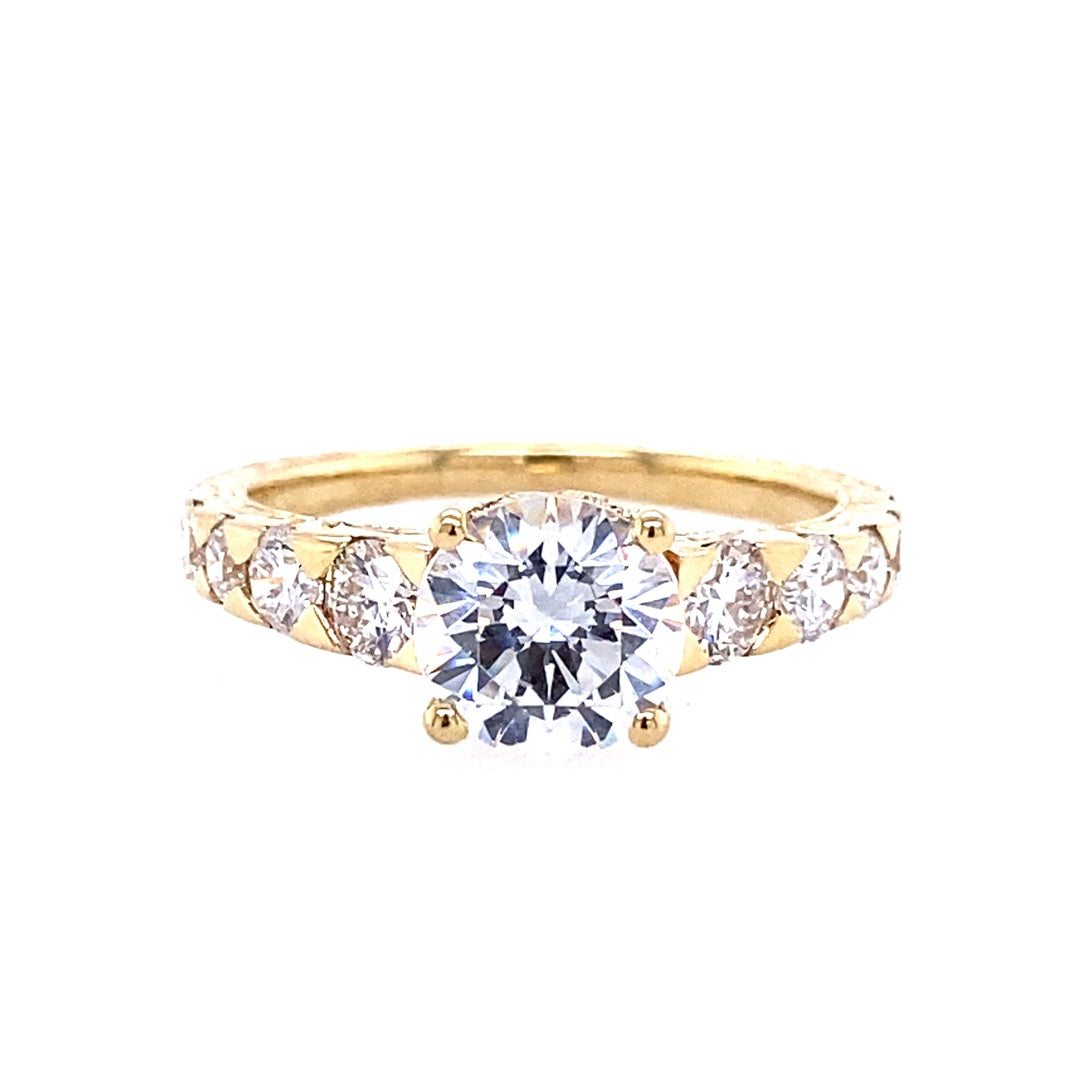 Round Diamond Side Stone Engagement Ring in Yellow Gold