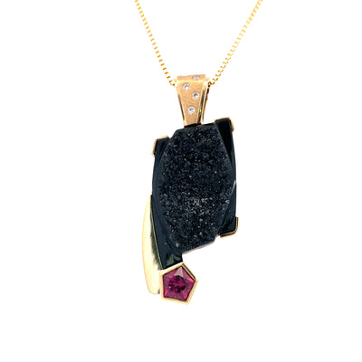 ESTATE Druzy Quartz and Rhodolite Garnet Pendant in Yellow Gold