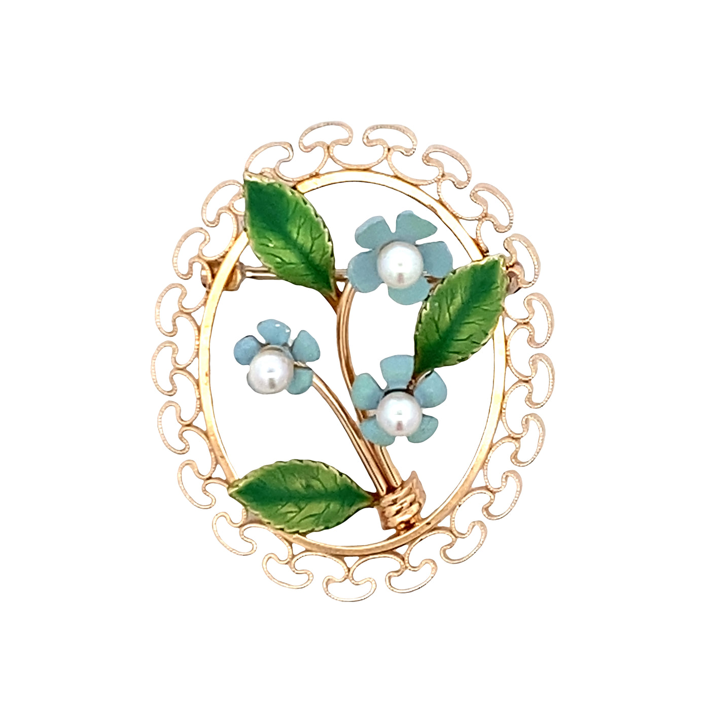 ESTATE Krementz Pearl and Enamel Floral Pin in Yellow Gold