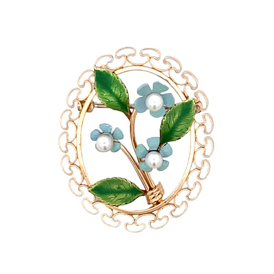 ESTATE Krementz Pearl and Enamel Floral Pin in Yellow Gold