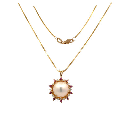 ESTATE Pearl, Ruby, and Diamond Pendant in Yellowo Gold