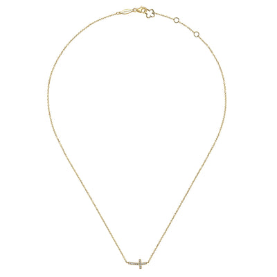 Curved Sideways Cross Necklace in Yellow Gold by Gabriel & Co.