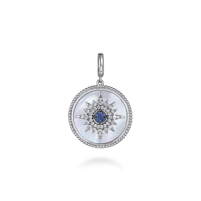 MOP Medallion Pendant with Sapphires in Silver by Gabriel & Co.