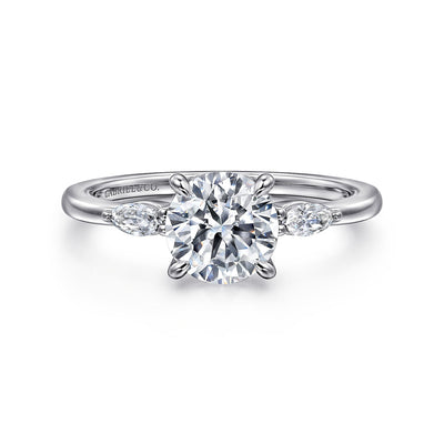 Round Diamond Three Stone Engagement Ring in White Gold by Gabriel & Co.