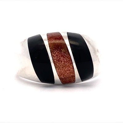 ESTATE Sterling Silver Onyx and Sunstone Simulant Ring