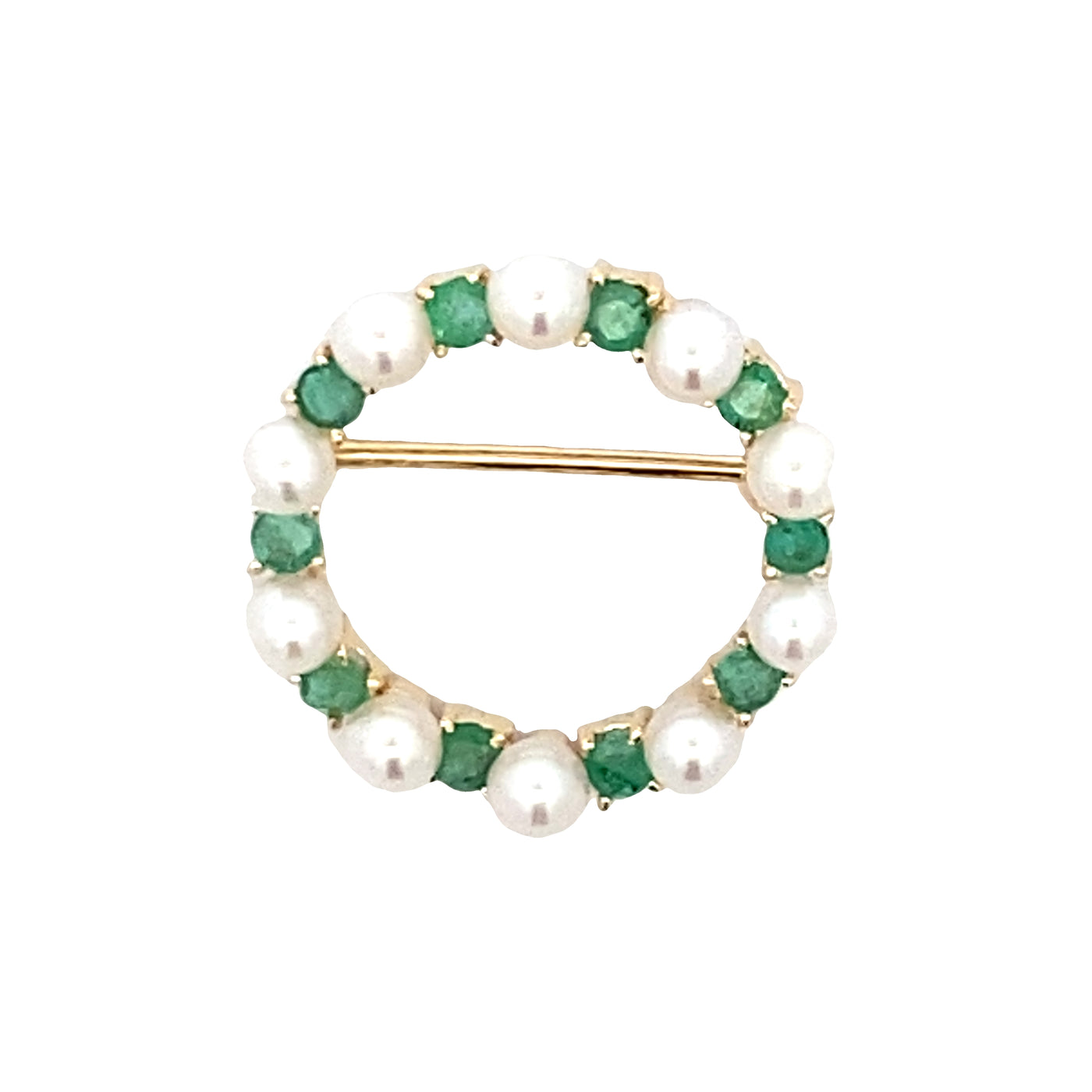 ESTATE Emerald and Pearl Circle Pin in Yellow Gold