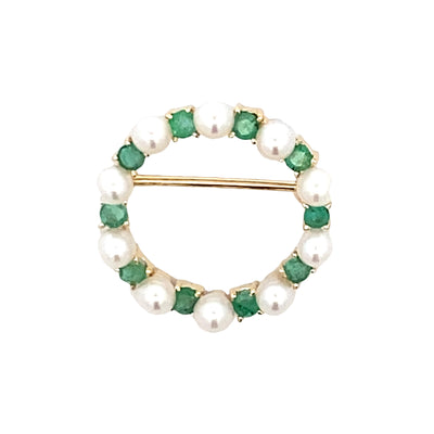 ESTATE Emerald and Pearl Circle Pin in Yellow Gold
