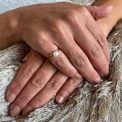 ESTATE Pearl and Diamond Ring in Yellow Gold