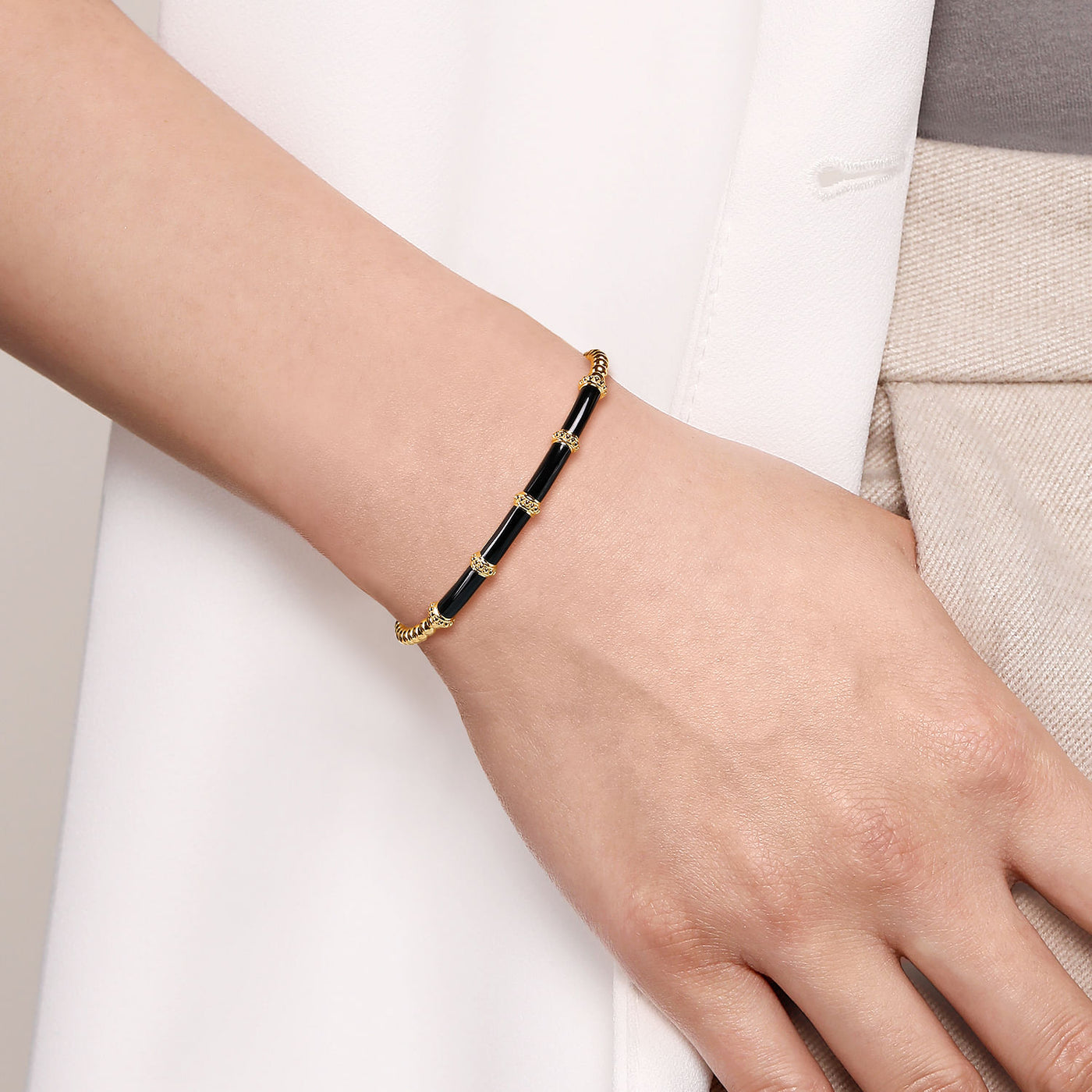 Black Onyx Beaded Bangle in Yellow Gold by Gabriel & Co.