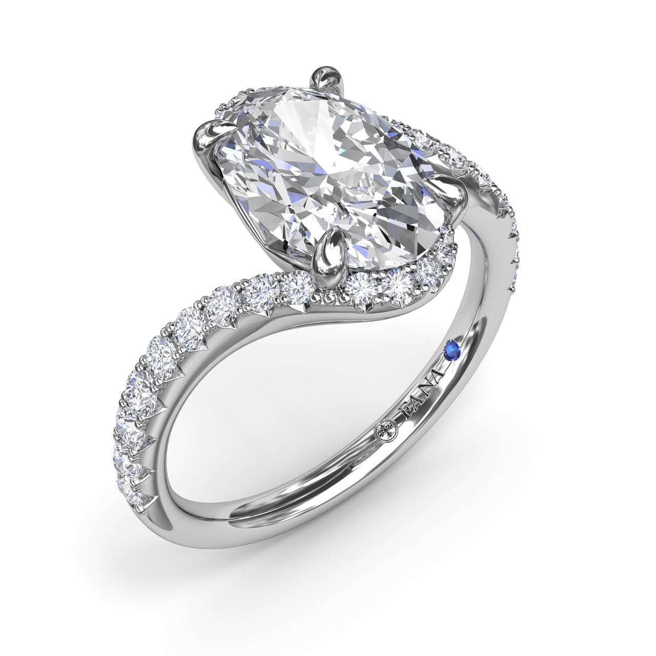 3ct Oval Bypass Engagement Ring with Side Diamonds in White Gold by Fana