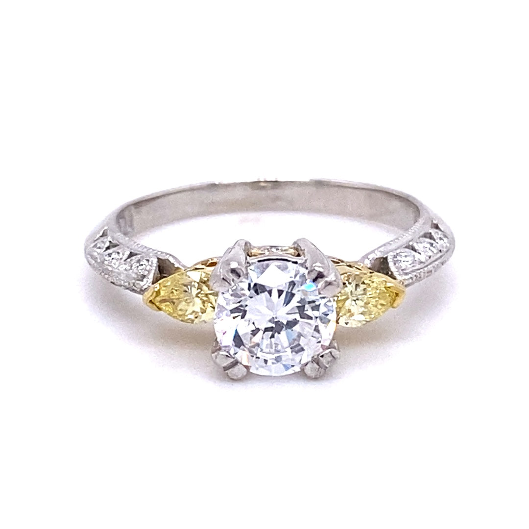Platinum 3 Stone  Round Shape Engagement Ring with Natural Yellow Diamond Sides O7TA14Z1D01029
