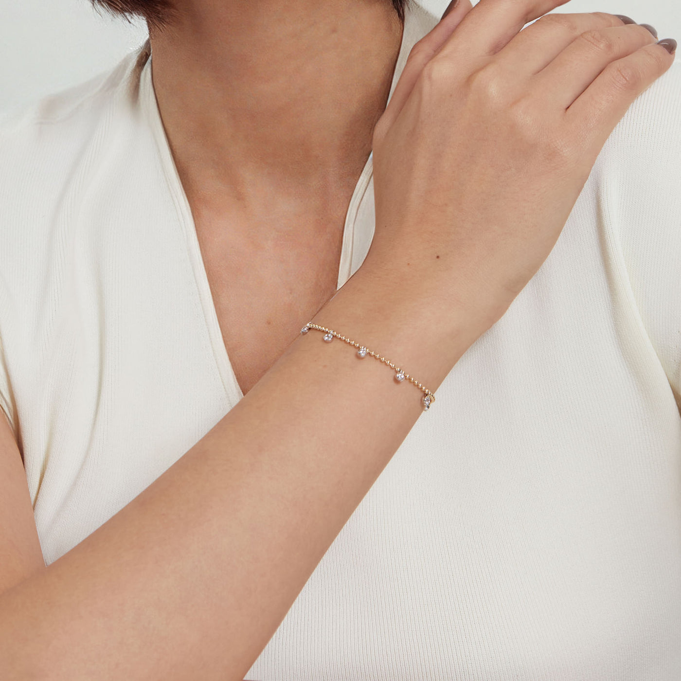 Beaded White Sapphire Station Bracelet in Yellow Gold by Gabriel & Co.