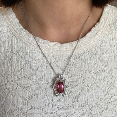 ESTATE Pink Tourmaline and DIamond Pendant in White Gold