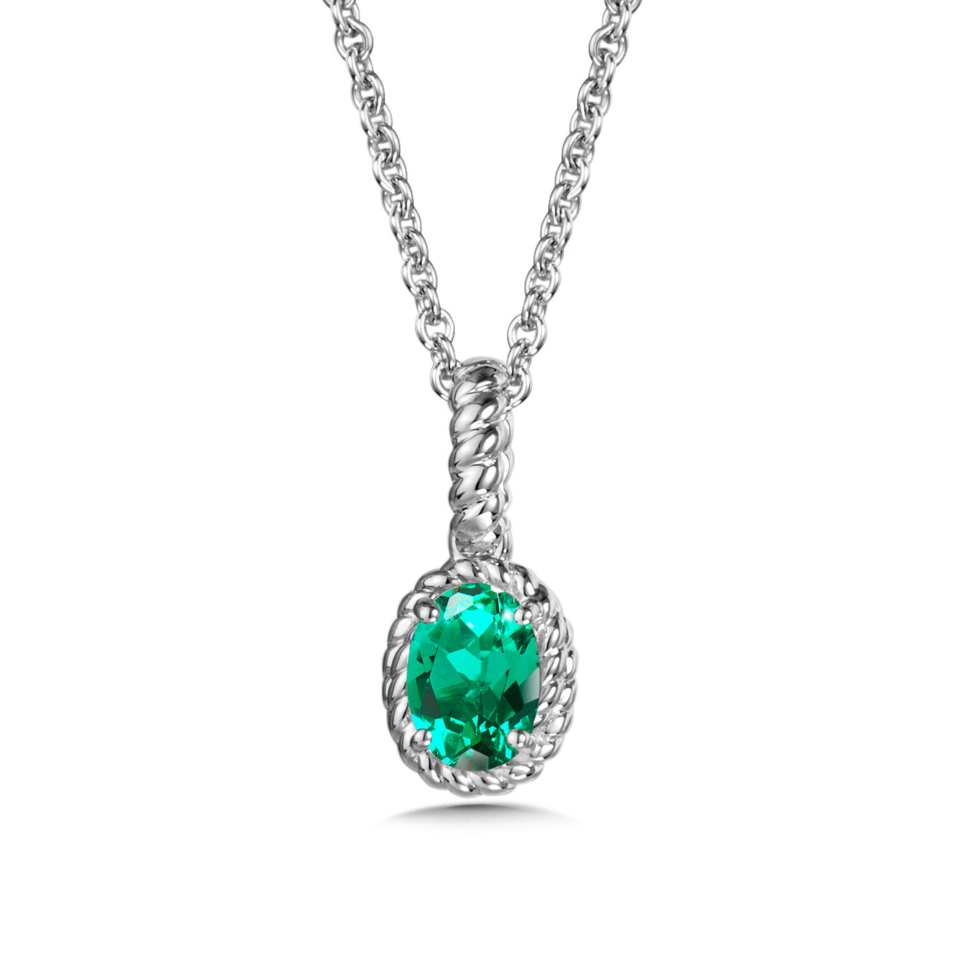 Created Emerald Halo Pendant in Silver