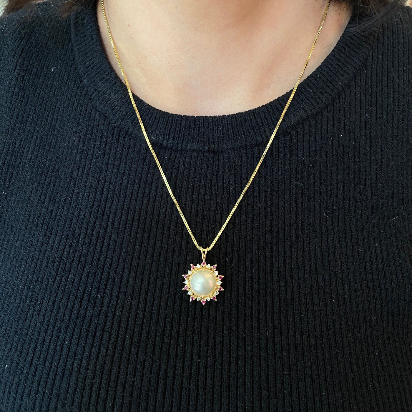 ESTATE Pearl, Ruby, and Diamond Pendant in Yellowo Gold