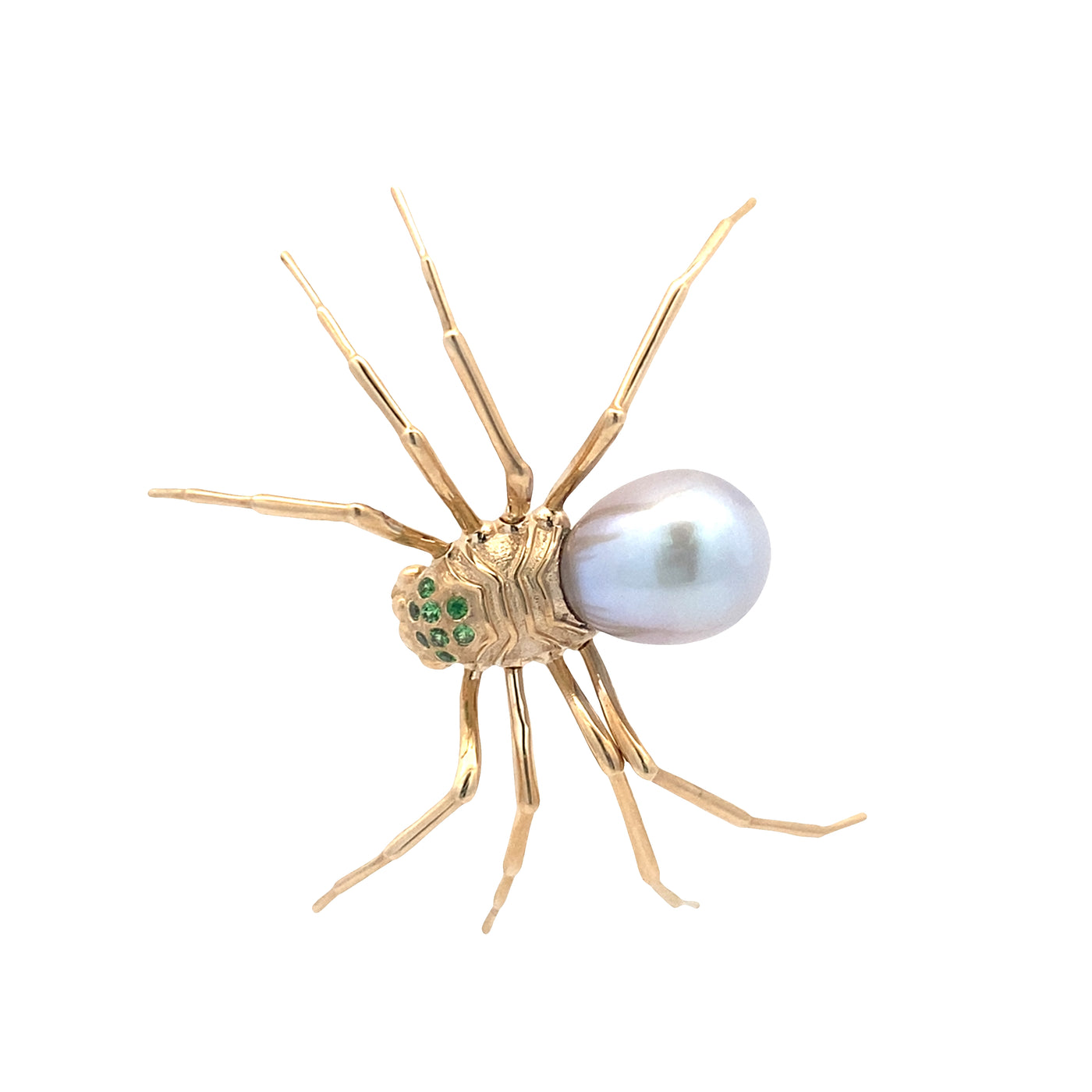 Gray Pearl and Tsavorite Spider Brooch in Yellow Gold