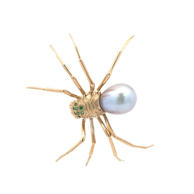 Gray Pearl and Tsavorite Spider Brooch in Yellow Gold