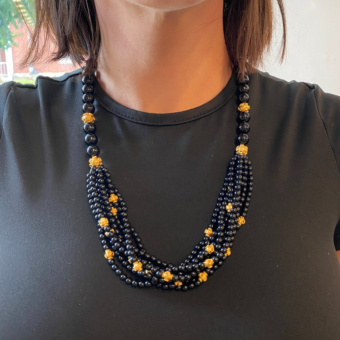ESTATE Onyx and Yellow Gold Beaded Necklace