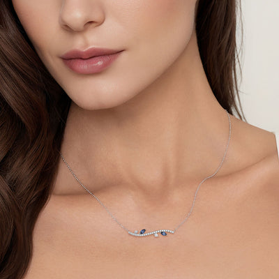 14K White Gold .32CTW Sapphire and .31CTW Diamond Floral Bar Necklace, 17.5" by Gabriel & Co.