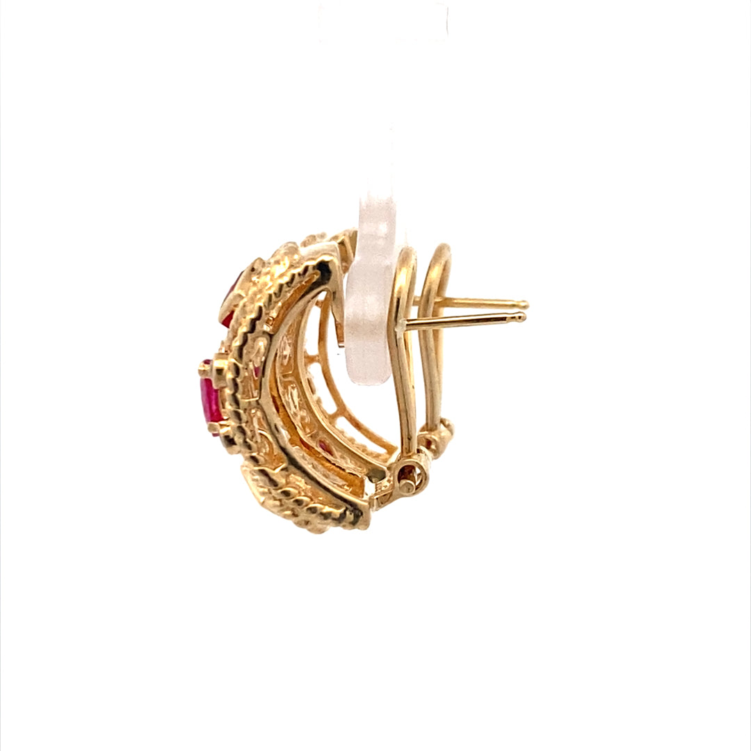 Estate Etruscan Ruby & Diamond Hoop Earrings 14 Karat Yellow Gold