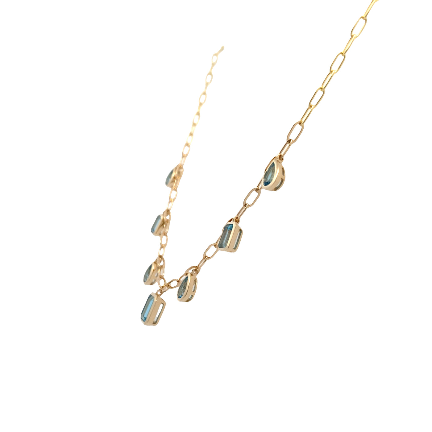 Swiss Blue Topaz Station necklace in Yellow Gold