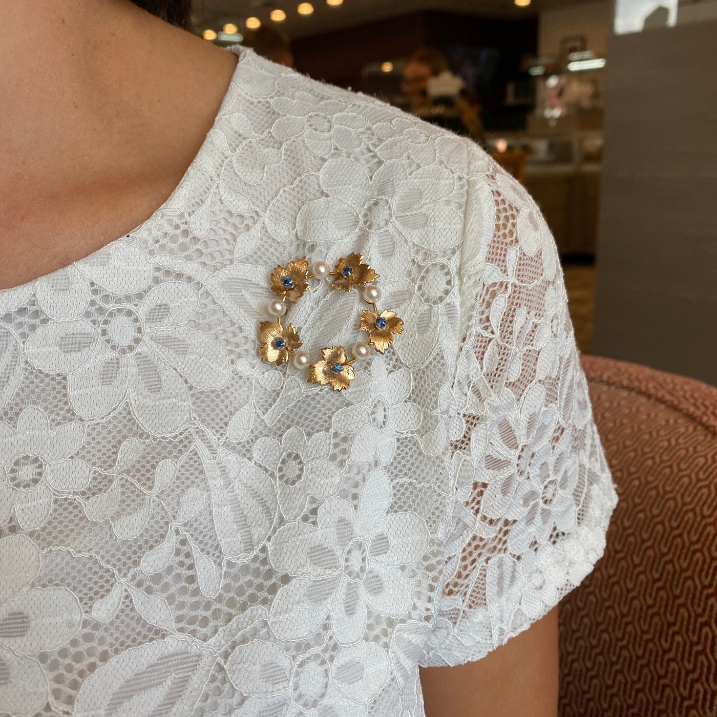 ESTATE Sapphire and Pearl Circle Pin in Yellow Gold