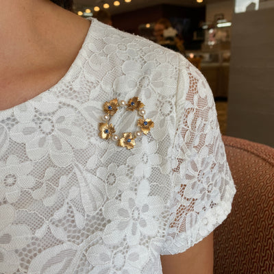 ESTATE Sapphire and Pearl Circle Pin in Yellow Gold