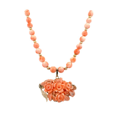 ESTATE Coral Bead Necklace with Floral Enhancer in Yellow Gold