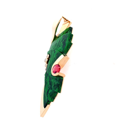 Estate Chloromelanite and Pink Tourmaline Pendant with 0.10CTW Diamonds in 14K Yellow Gold by Beeghly & Co.