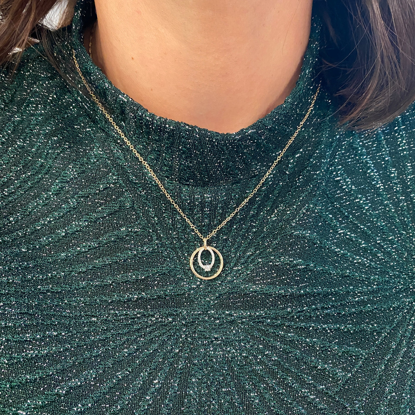 Dual Circle Diamond Pendant in Two-Tone Gold