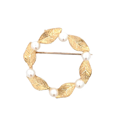ESTATE Pearl and Leaf Wreath Pin/Pendant in Yellow Gold