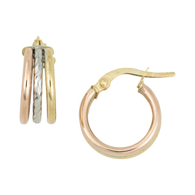 Three Row Hoops in Three-Tone Gold