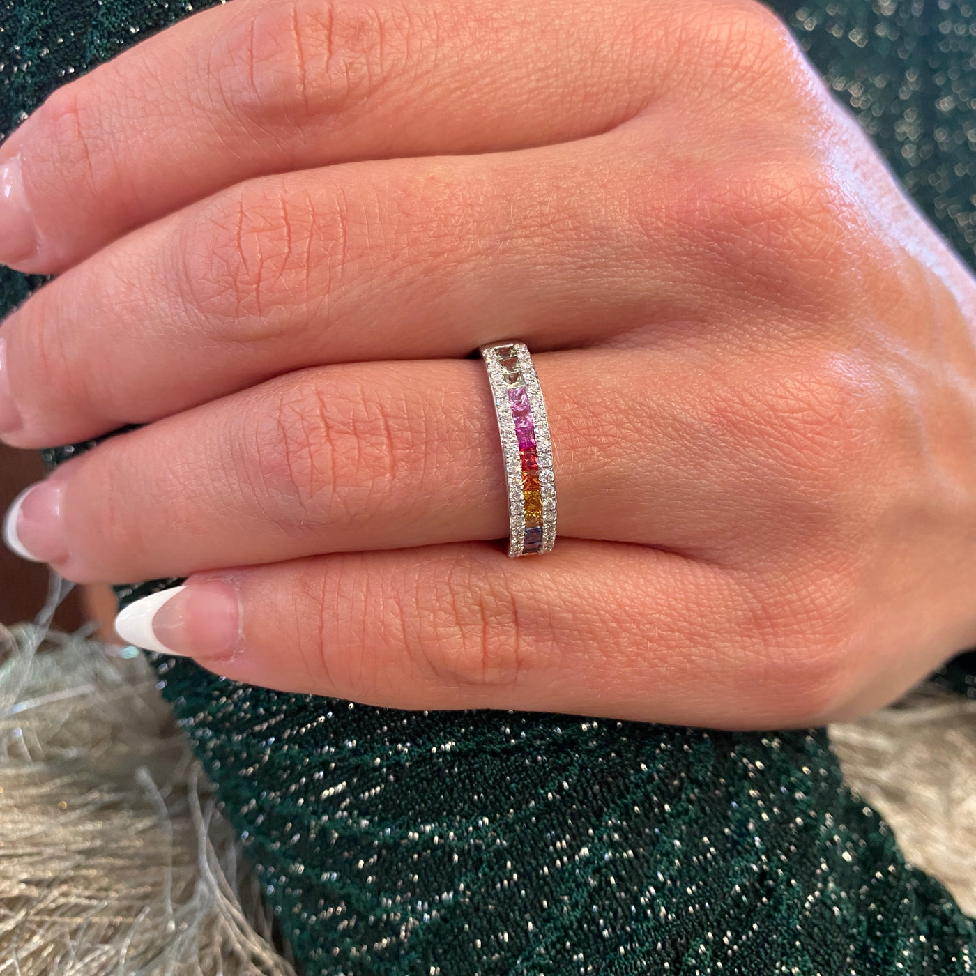 Rainbow Sapphire & Diamond Ring in White Gold