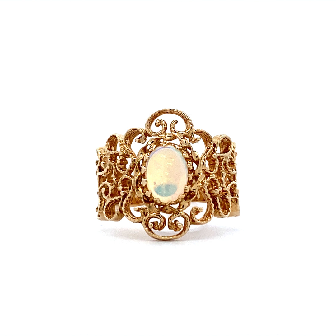 Estate Floral Themed Wide 14 Yellow Gold Opal Ring