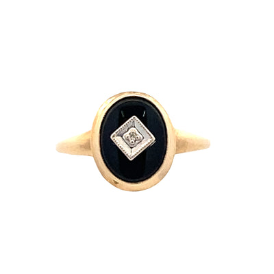 ESTATE Onyx and Diamond Ring in Yellow Gold