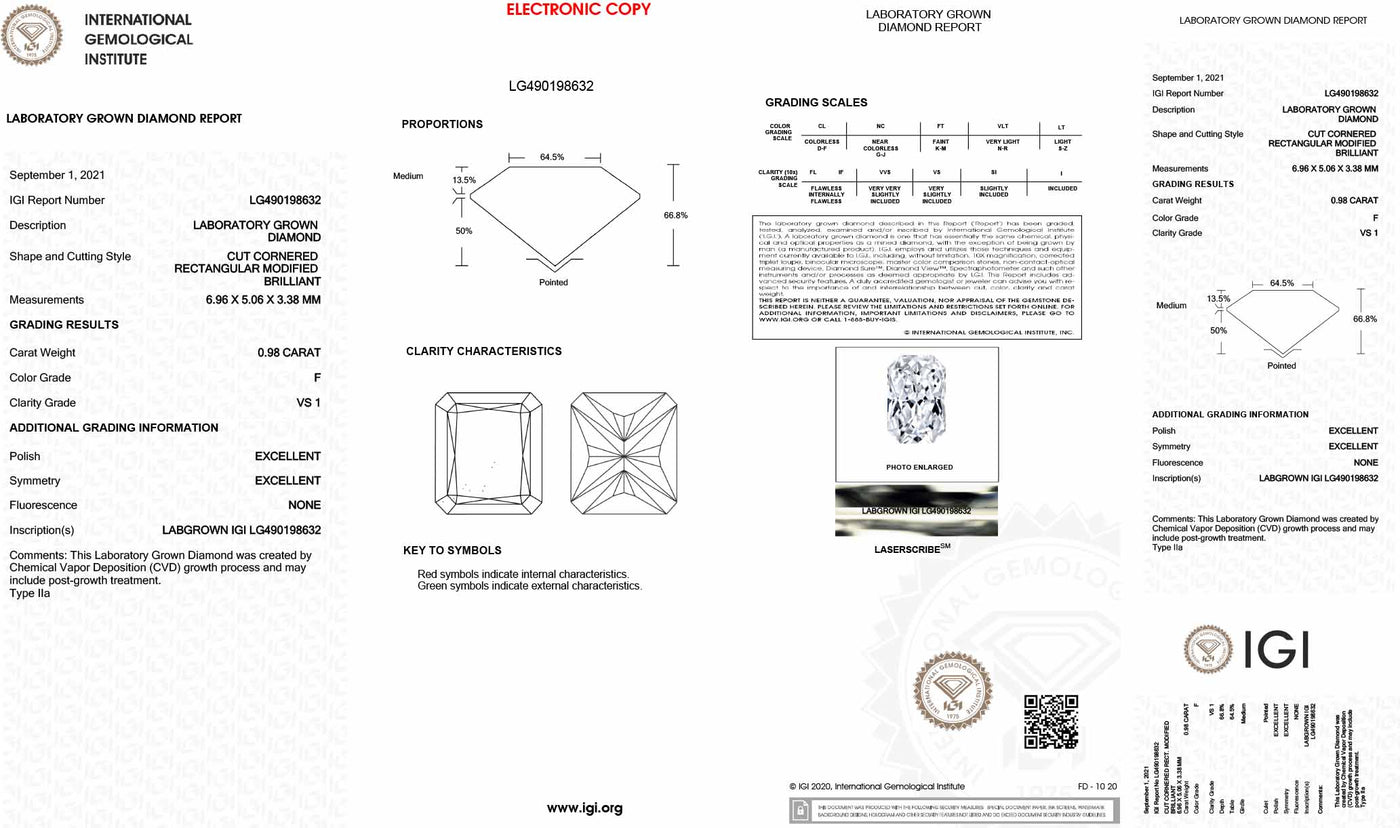 0.98 CT Radiant Lab-Grown Diamond VS1 F IGI