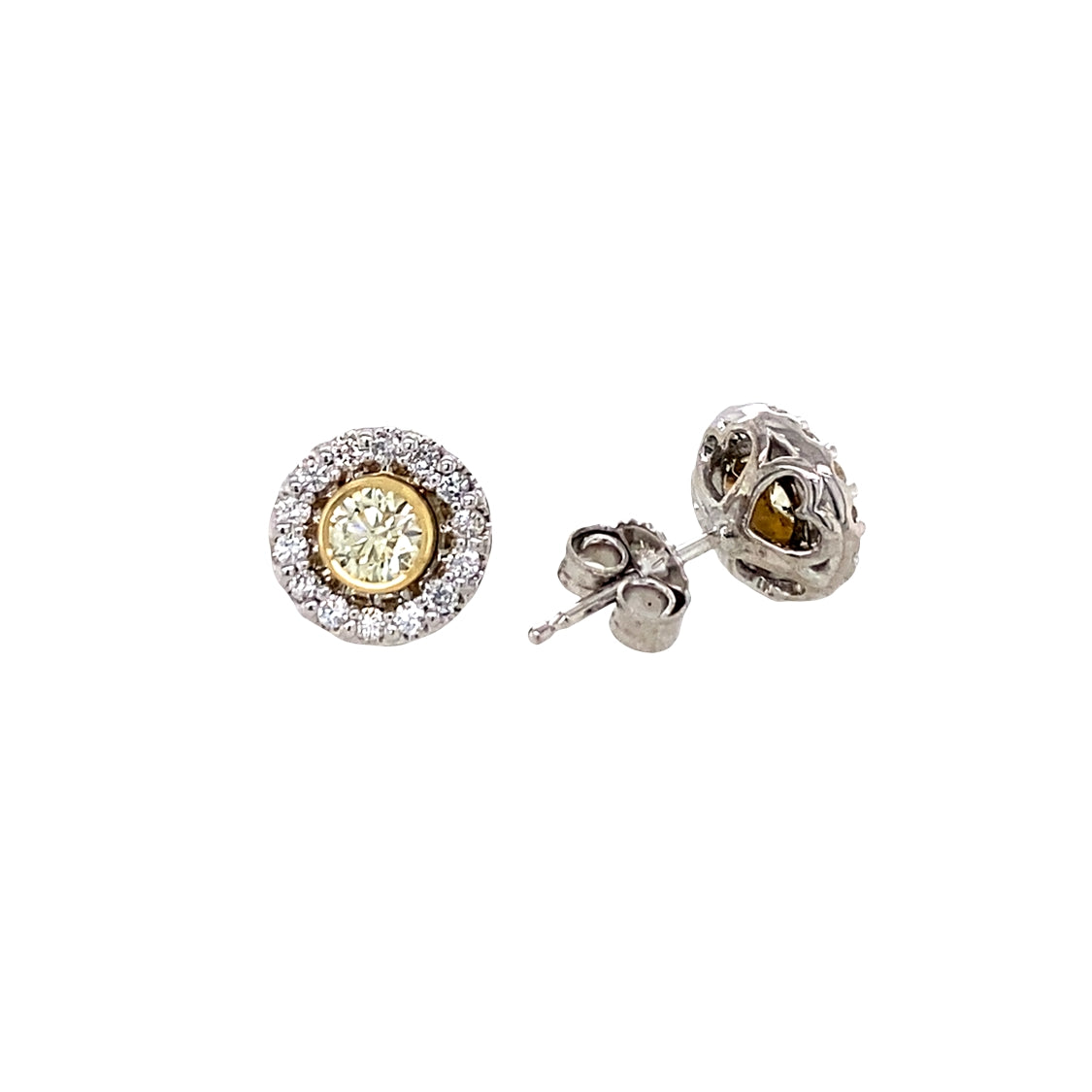 Yellow and WHite Diamond Halo Studs in Two-Tone Gold by B&C
