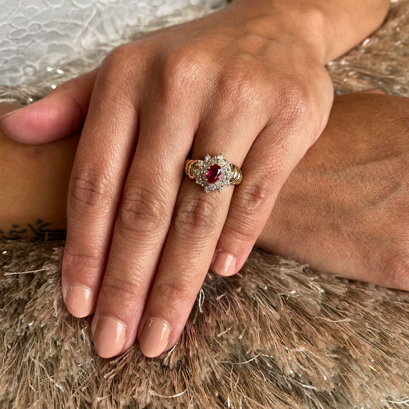 ESTATE Ruby and Diamond Double Halo Ring in Yellow Gold