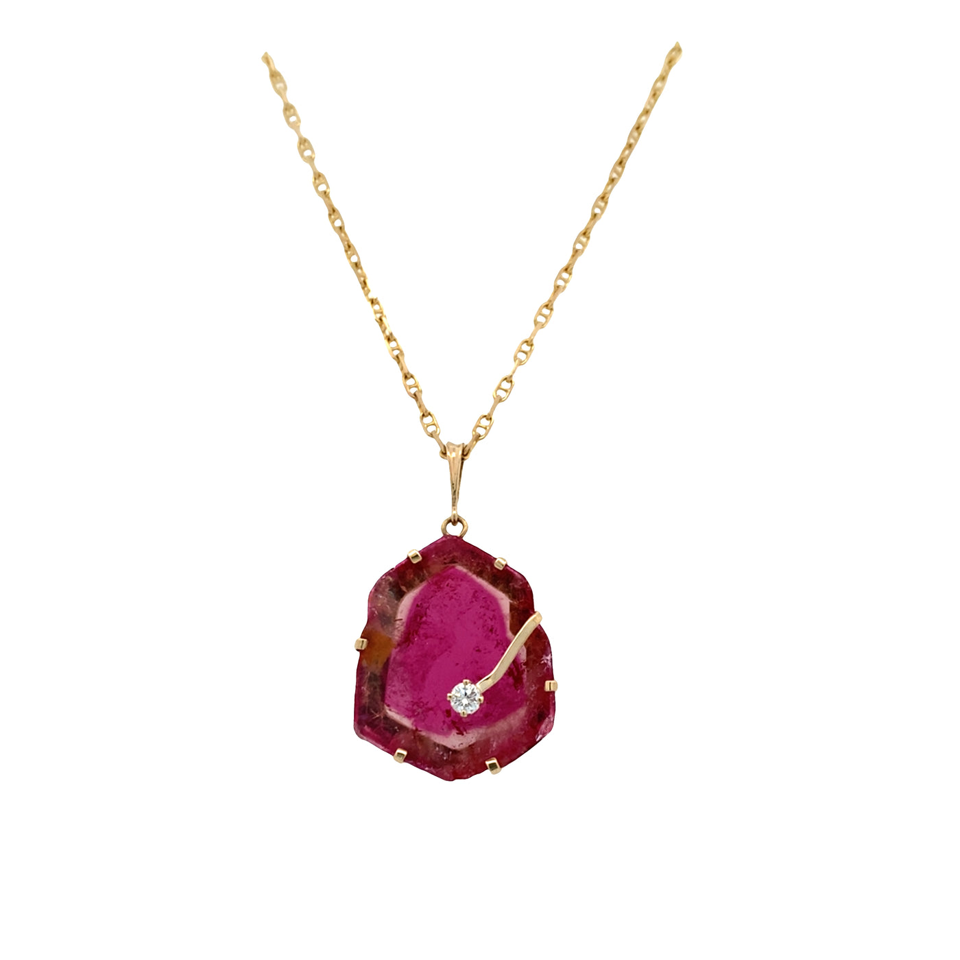 ESTATE Watermelon Tourmaline and Diamond Pendant in Yellow Gold