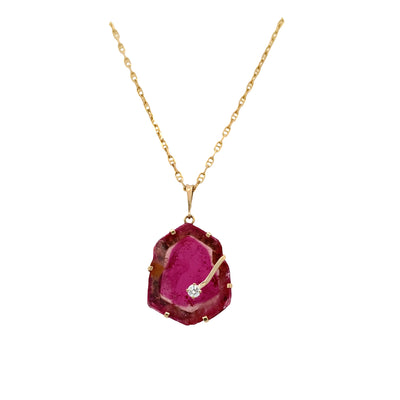 ESTATE Watermelon Tourmaline and Diamond Pendant in Yellow Gold